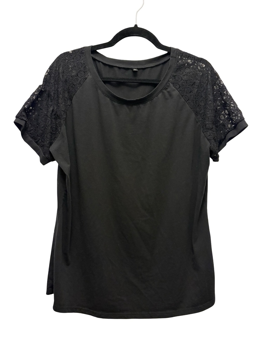 Solid Black Lace Sleeve Short Sleeve Shirt Top Women's XL Knit Blouse Casual